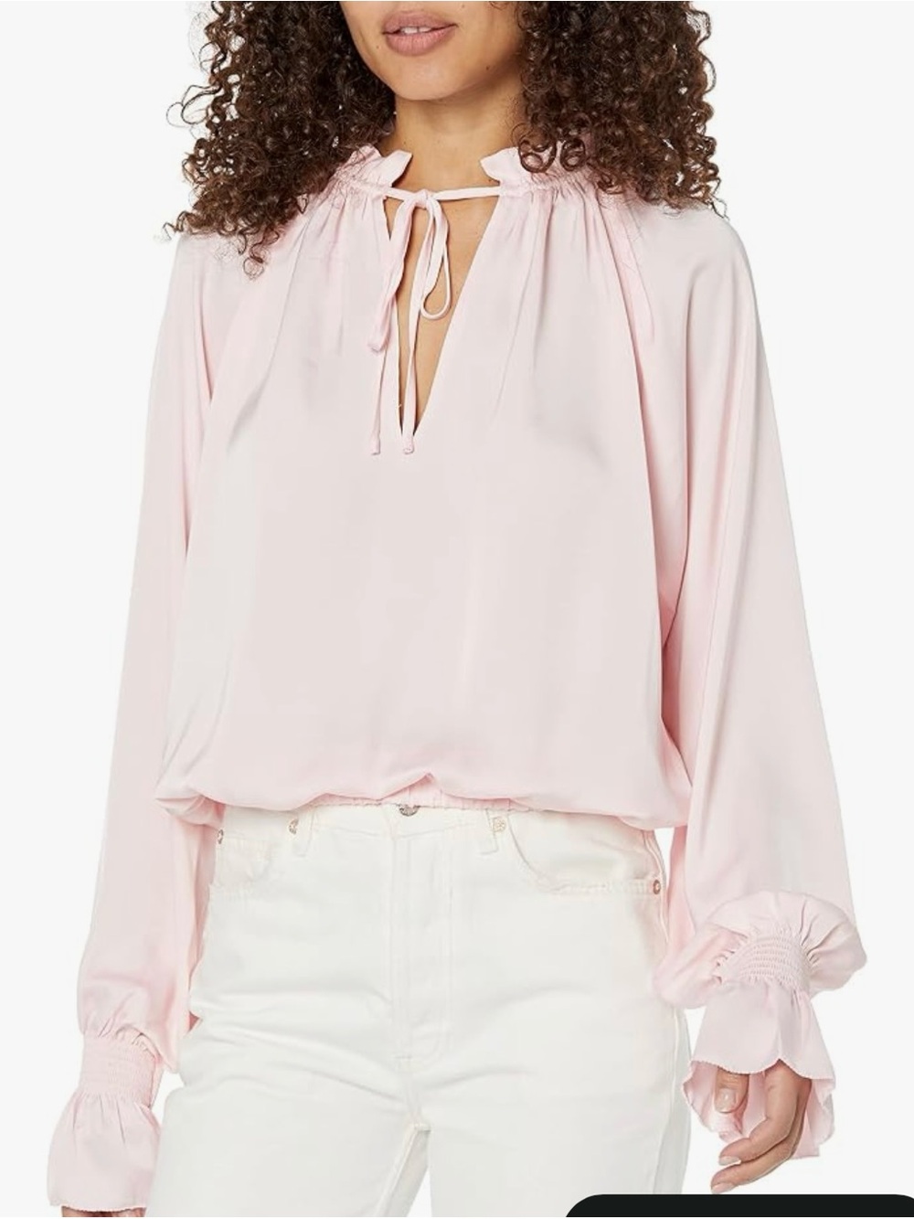Ramy Brook Women Satin Bethany Long Ruffle Sleeve V Neck blouse, Pink, Medium